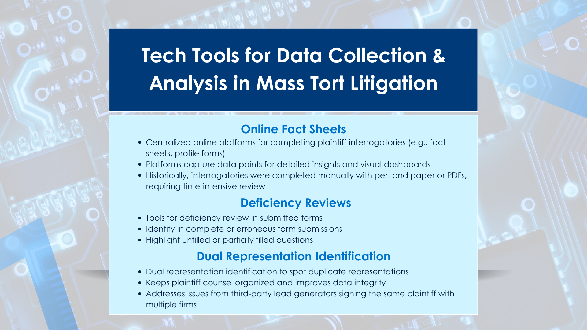 Types of Technology Tools for Managing Data in Mass Tort MDLs